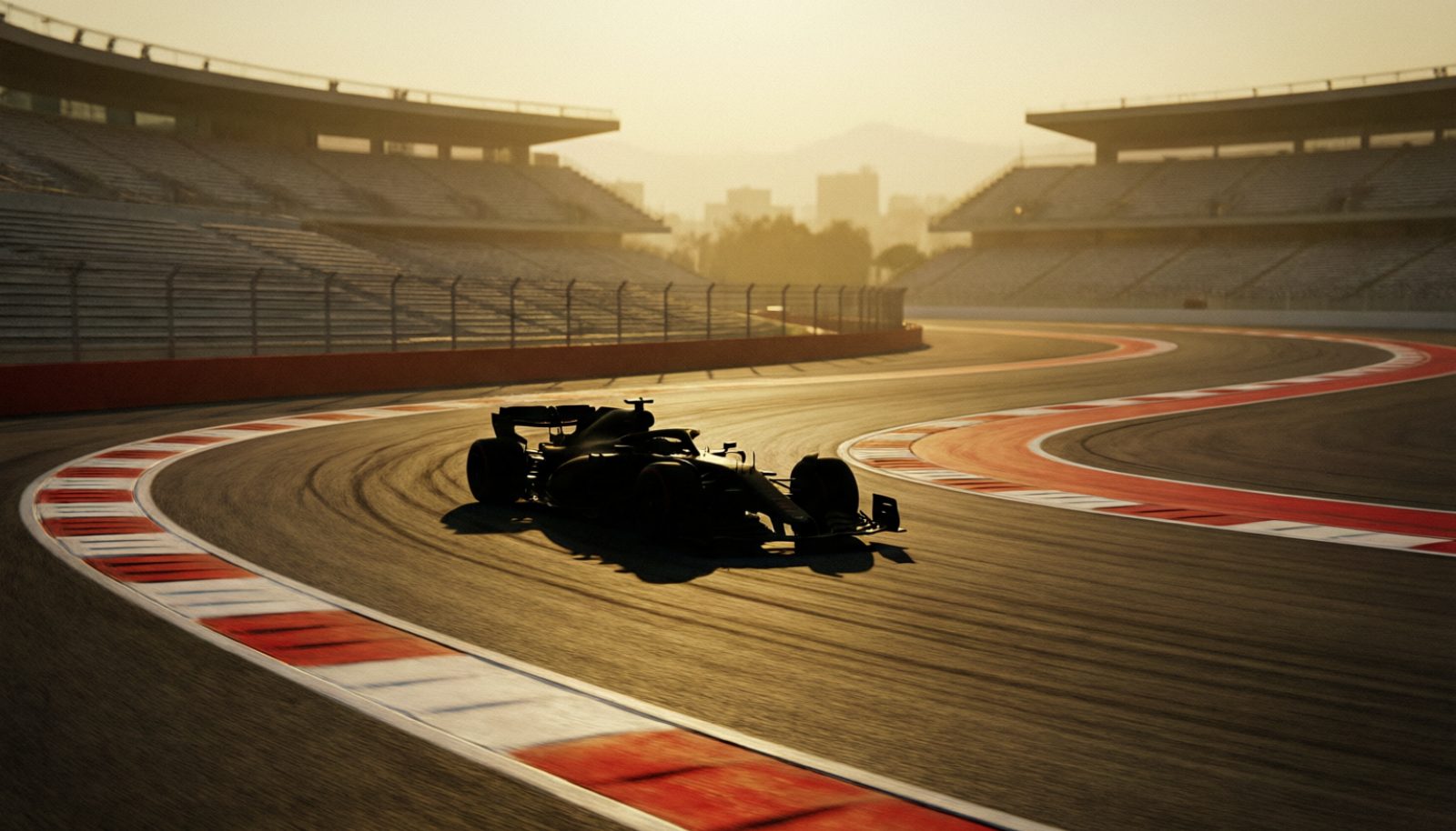 黄昏时分的F1赛道与看台弯道,AI 生成示意图